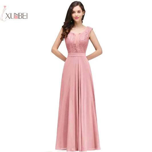 Long Bridesmaid Dresses Chiffon Scoop Neck ärmlös bröllopsfest Gästklänning Vestido Madrinha