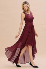 Pink Chiffon Long Bridesmaid Dresses High Low Wedding Guest Party Gown Sleeveless Lace Flower vestido madrinha