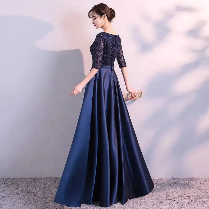 DONGCMY NEW LONG FORMAL EVENING DRESSES ELEGANT LACE SATIN NAVY BLUE VESTIDOS WOMEN PARTY GOWN