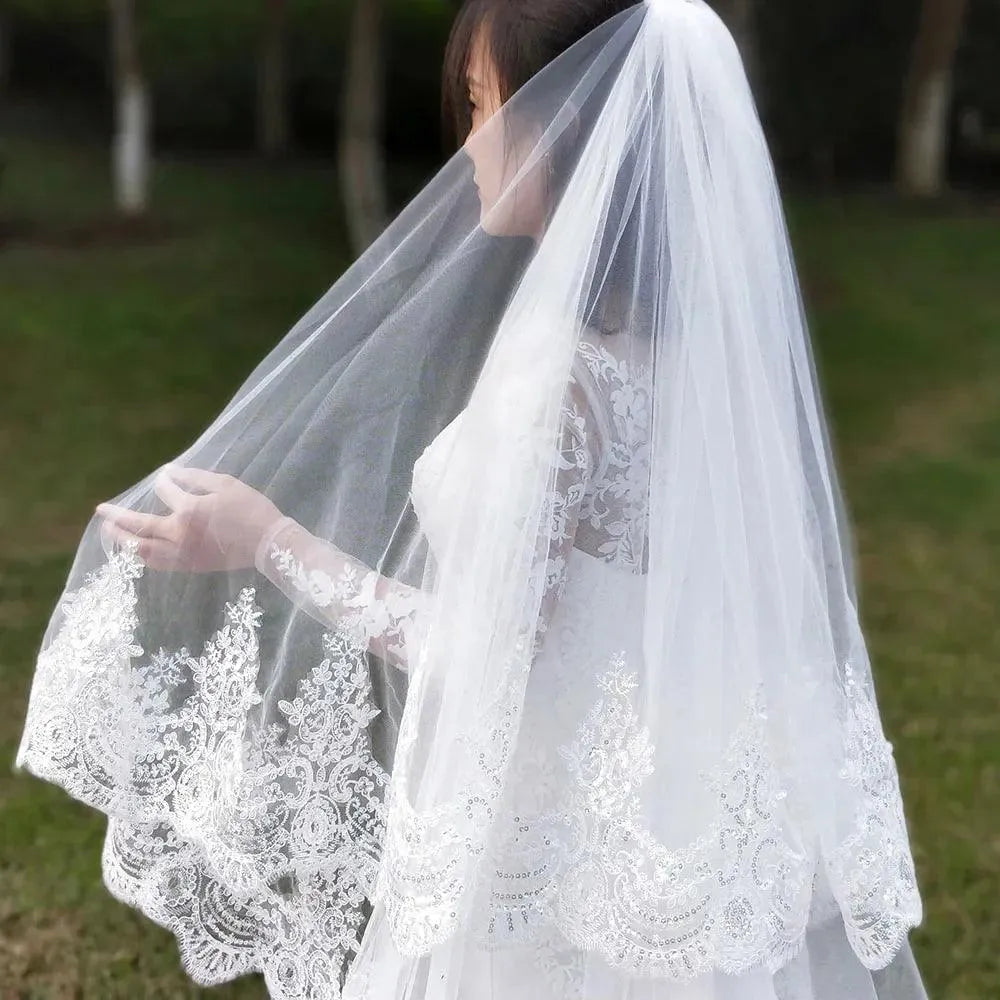 2 Layers Sequins Lace 3 Meters Cathedral Woodland Wedding Veils with Comb 3M Long White Ivory 2 T Bridal Veils ivory