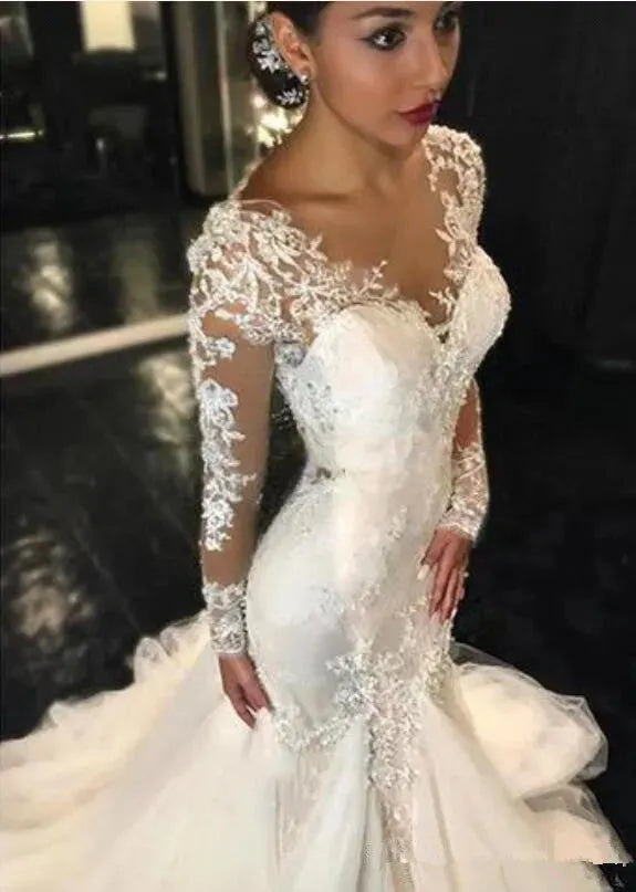Lace Mermaid Wedding White Dresses Dubai African Arabic See Through Wedding Dress Long Sleeves Slim Fishtail Bridal Gowns 2024 custom colour