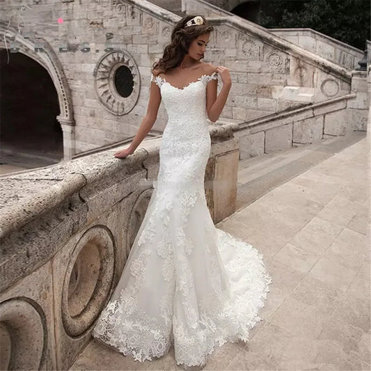 Vestidos de novia de sirena, elegantes vestidos de novia de encaje color marfil, hombros descubiertos, escote corazón, vestidos de novia campestres vintage de talla grande 