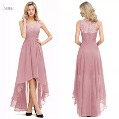 Pink Chiffon Long Bridesmaid Dresses High Low Wedding Guest Party Gown Sleeveless Lace Flower vestido madrinha