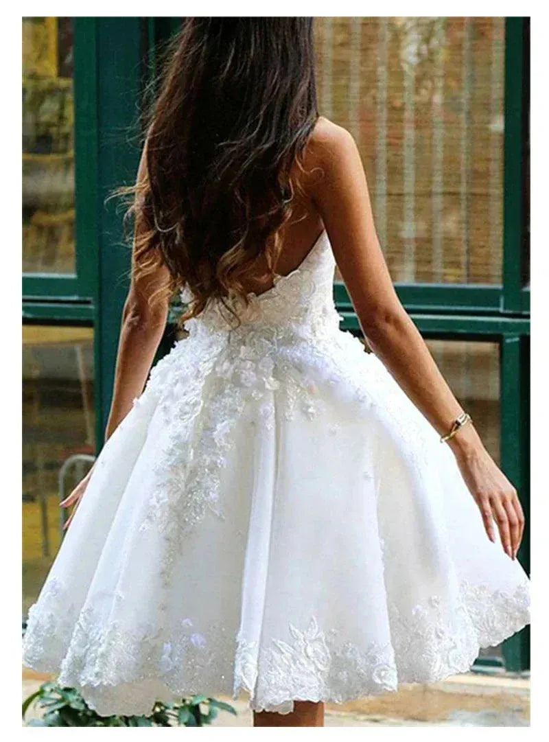 Short Informal Wedding Dress White Bride Dresses vestido de novia 3D Flowers Ball gown Wedding Dresses Champagne Short Wedding Dress