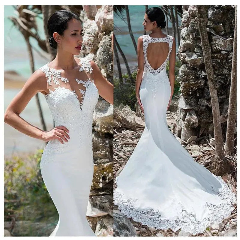 Sexy Mermaid Wedding Dress Sleeveless Lace Appliqued Illusion Back Boho Wedding Gown Long Train Bride Dress Ivory Boho