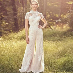 Eleganti abiti da sposa in tuta per donne in pizzo Applique a manica corta Vestidos de novi Illusion Back Abiti da sposa