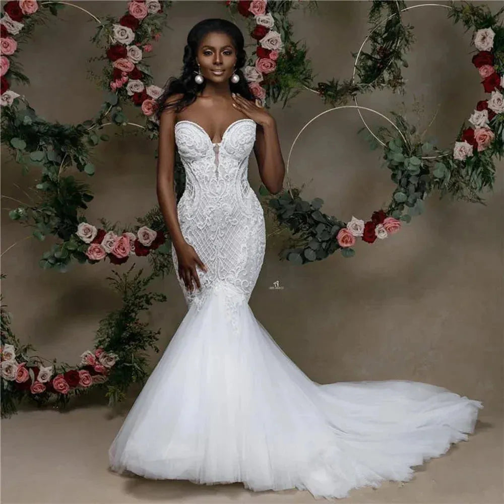 KapokDressy African Sweetheart Mermaid Wedding Dresses Newest Strapless Lace Beaded Wedding Gowns Applique Bridal Dresses Ivory