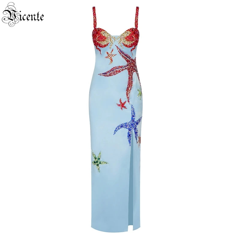 VC Sling Dress Sexy Starfish Pattern Diamond Design Split Fork Sleeveless Square Neck Strap Satin Grace Dinner Party Long Dress