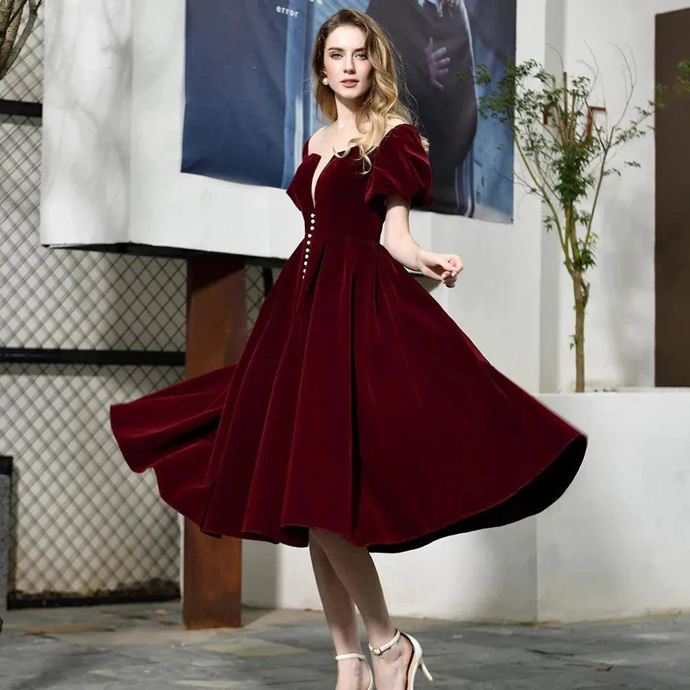 Customized New Burgundy Evening Dress gala jurken Velour Sheer Neck A Line Cap Sleeves Ankle Length Prom Party Gown