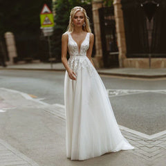 Abiti da sposa in pizzo boho avorio una linea appliques senza maniche sexy v al collo abiti da sposa da sposa abiti da sposa