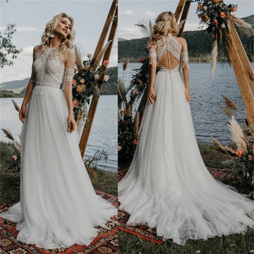 Bohemian Beach Wedding Dresses with Sleeves Robe De Mariage For Women Vintage Tassel Crochet Lace Country Garden Boho Bride Ivory Boho