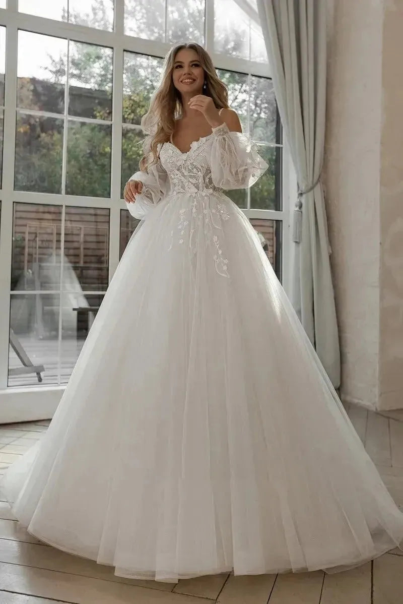 Glitter Wedding Dresses Puff Sleeve Appliques Lace 3D Flowers off Shoulder Tulle Boho Bride Gown 2021 vestidos de novia Custom colors