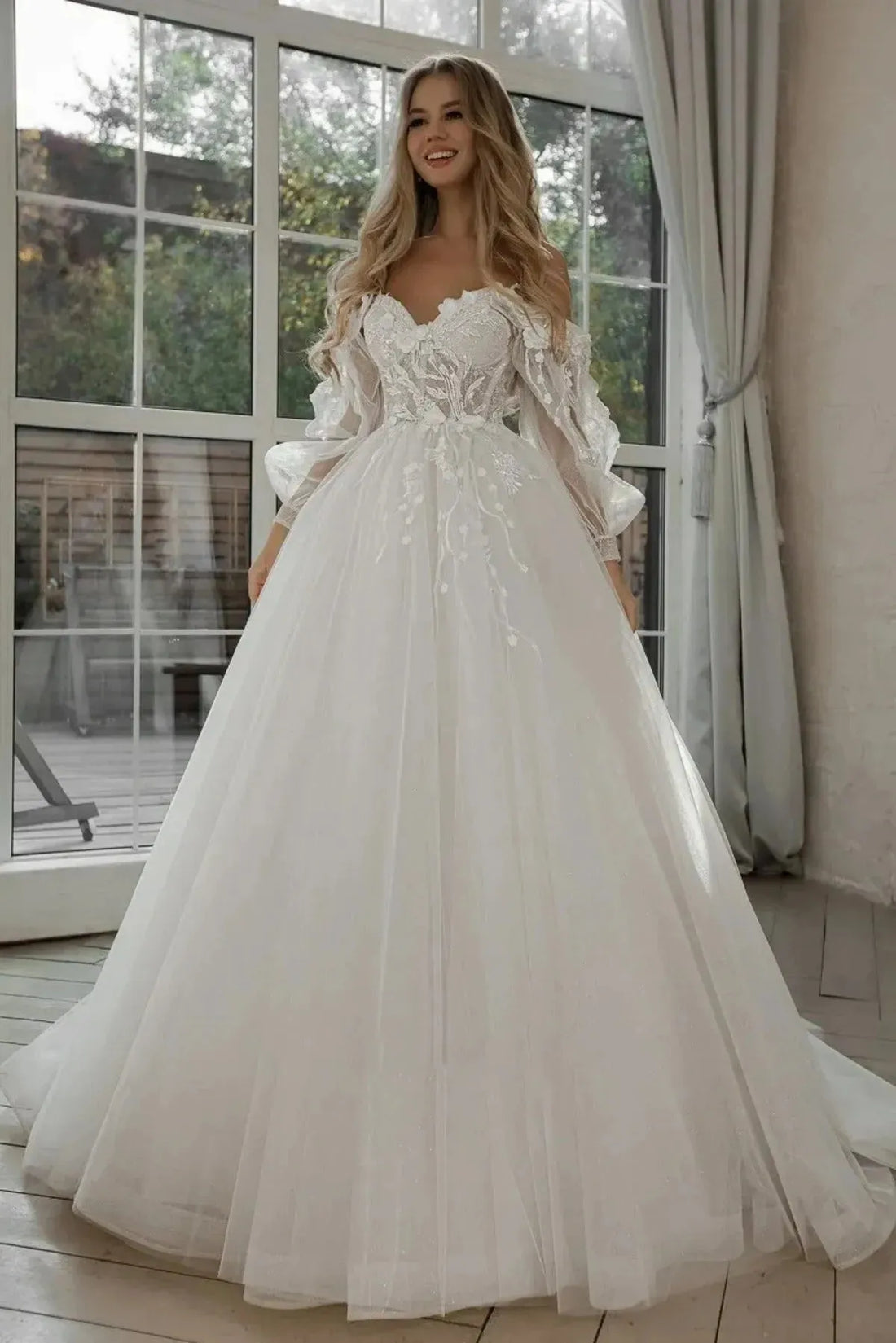 Glitter Wedding Dresses Puff Sleeve Appliques Lace 3D Flowers off Shoulder Tulle Boho Bride Gown 2021 vestidos de novia Custom colors