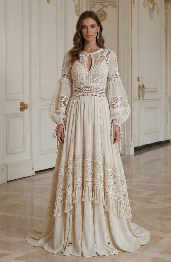 Handgefertigtes Boho Hochzeitskleid Spitzen Brautkleid