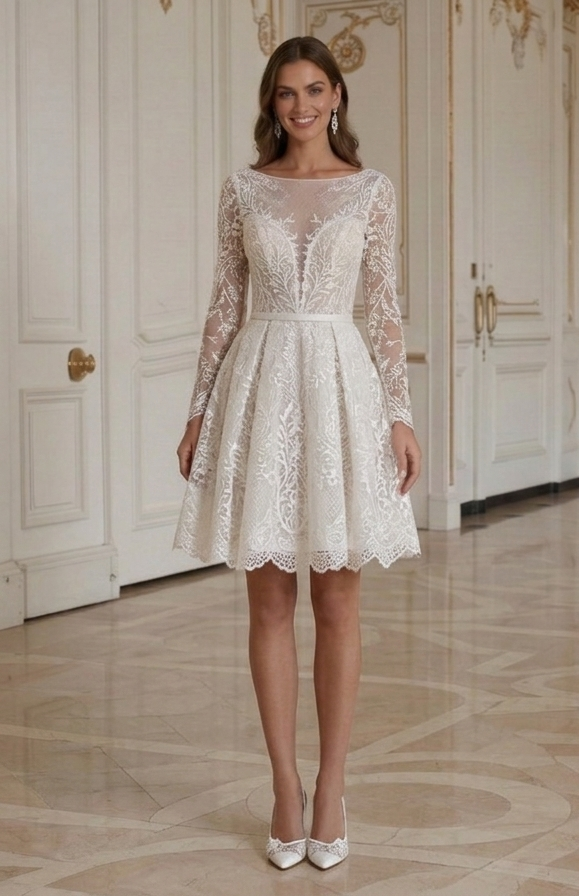 Handgefertigtes kurzes Hochzeitskleid Spitzen-Brautkleid