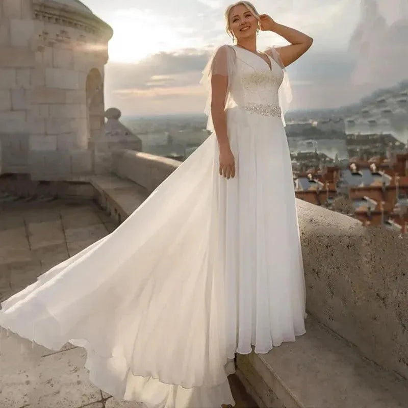 Plus Size Boho Chiffon Wedding Dresses Short Sleeve V-Neck A-Line With Belt Large Size Custom Made Bridal Gown Vestidos De Novia Plus Size