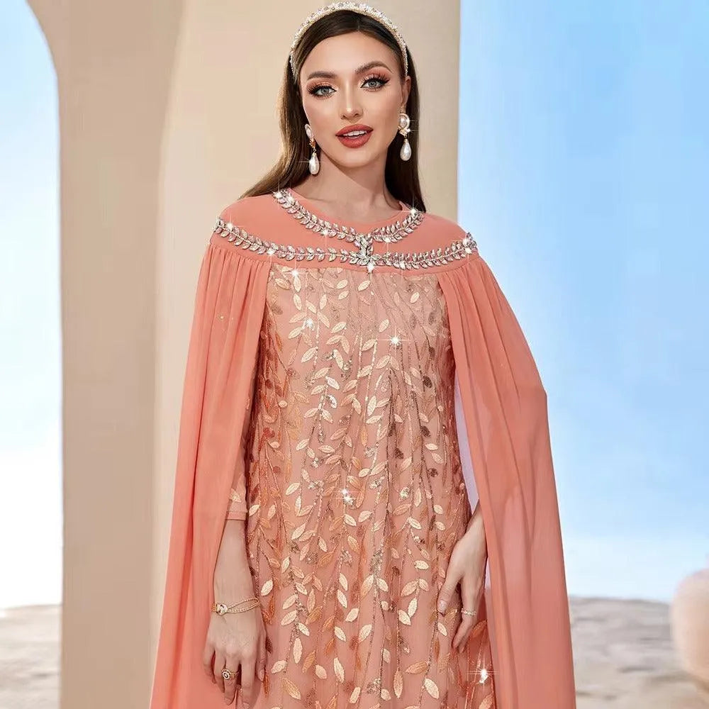 Fashion Royal Caftan Women Turkish Chic Mesh Cape Rhinestone Embroidery Wrist Sleeve Elegant Evening Long Dress Orange Pink Dress
