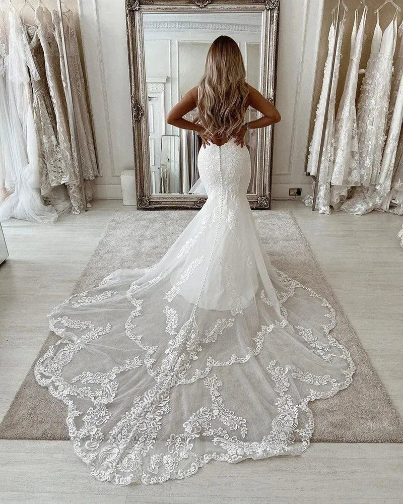 Sexy Mermaid Wedding Dresses Scoop neck Lace Appliques Bride Dress Open Back Country Bridal Gown Vestido de novie White