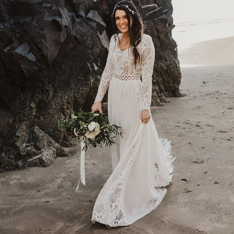 Customized Hippie Boho Beach Elopement Backless Wedding Dress Chiffon Long Sleeves Big Size Photoshoot V Neck Lace Bridal Gown