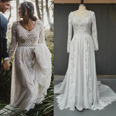 Customized Hippie Boho Beach Elopement Backless Wedding Dress Chiffon Long Sleeves Big Size Photoshoot V Neck Lace Bridal Gown