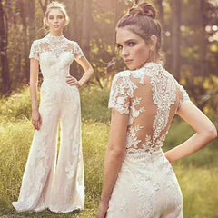 Eleganti abiti da sposa in tuta per donne in pizzo Applique a manica corta Vestidos de novi Illusion Back Abiti da sposa