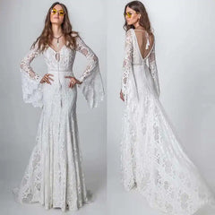 Vestido de Noiva Gypsy Beach Boho Wedding Dresses V Neck Bell Sleeve Backless Hollow Out Lace Bridal Clow