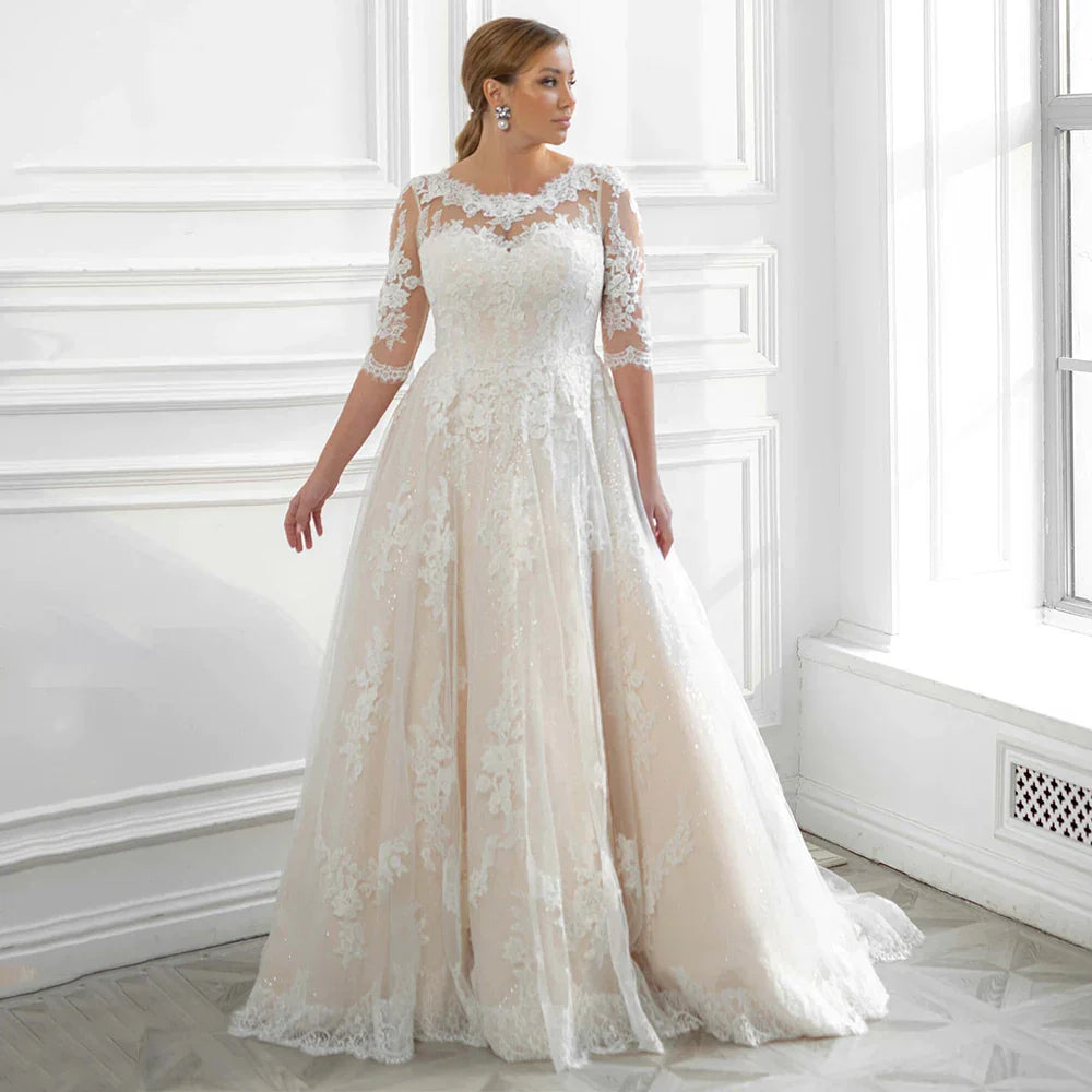 Classic Plus Size Wedding Dress Big Women's Bridal Dresses Scoop Half Sleeves Applique Glitter Tulle A-Line  Gowns