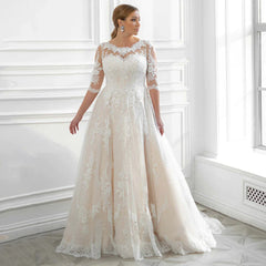 Classic Plus Size Wedding Dress Big Women's Bridal Dresses Scoop Half Sleeves Applique Glitter Tulle A-Line  Gowns