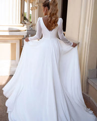 Elegant V-Neck Chiffon Wedding Dress Long Sleeves Simple Wedding Gowns Backless  Bridal Gown For Women Robe De Mariee