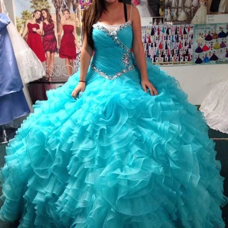 Abito da ballo Aqua Organza Quinceanera Abiti Ruffles Vestidos de 15 Anos Sweet 16 Abiti Debutante Abiti per 15 anni