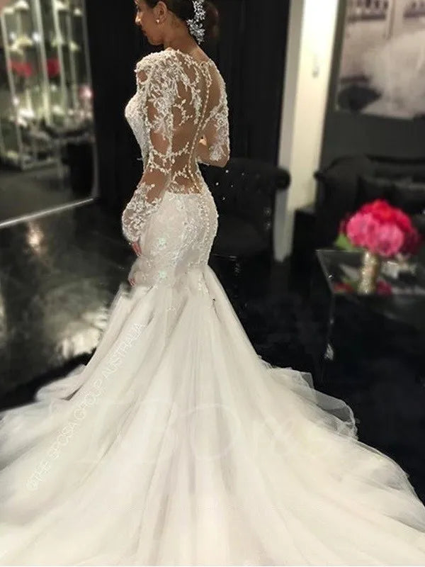 Abiti da sposa sirena di pizzo abiti bianchi Dubai Arabica Africana See attraverso abiti da sposa Abiti da sposa a coda di pesce magri 2024