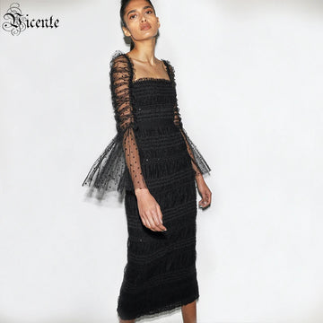 VC Dress Women Polka Dot Draped Mesh Sequined Mesh Long-sleeved Square Neck Halter Black Mid-length Bandage Midi Dress Gown
