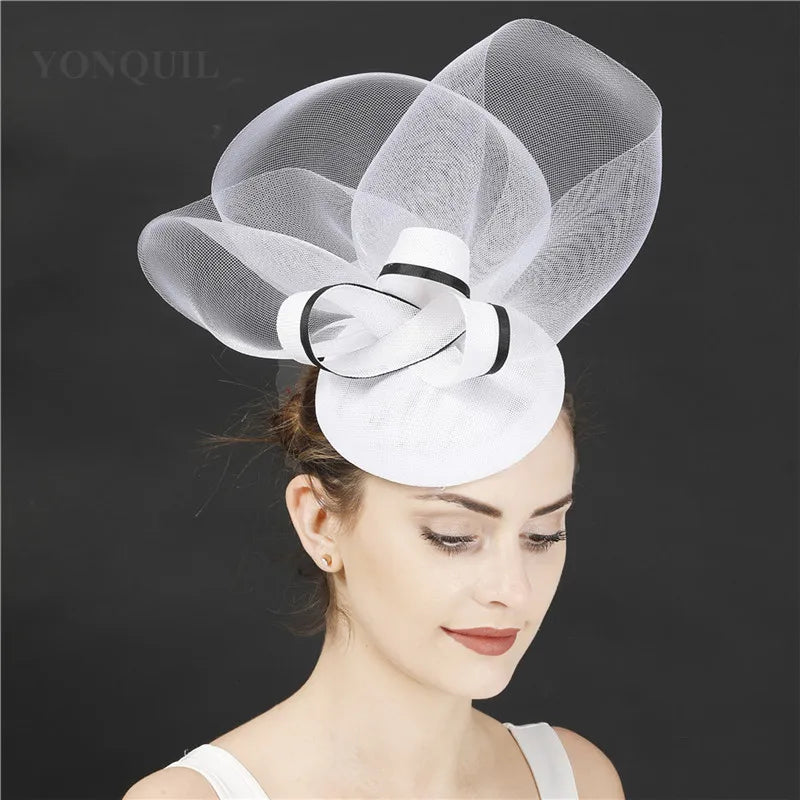 Gorgeous Bride Wedding Fascinator Mesh White Hat Hair Band Women Occasion Formal Millinery Caps Ladies Show Party Hair Accessory