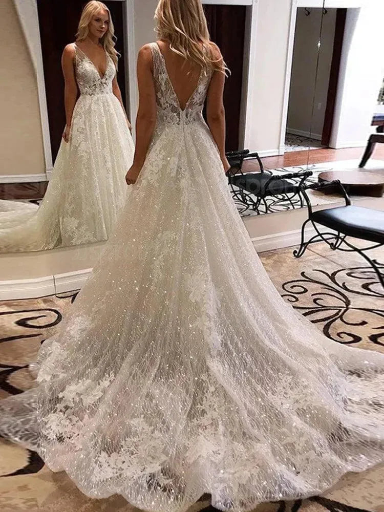 LORIE Ivory Lace Glitter Wedding Dresses Shiny Tulle Beach Bridal Dresses Boho Elegant Wedding Party Gowns Open Back Long Train Ivory Boho