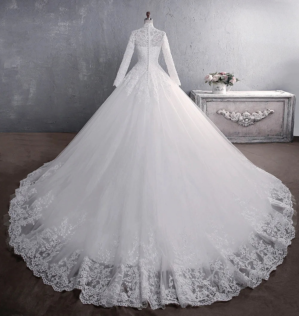 Robe de mariée musulmane élégante cou high avec train princesse mariée robe de luxe en dentelle robe de mariage vestiaire vestido de noiva