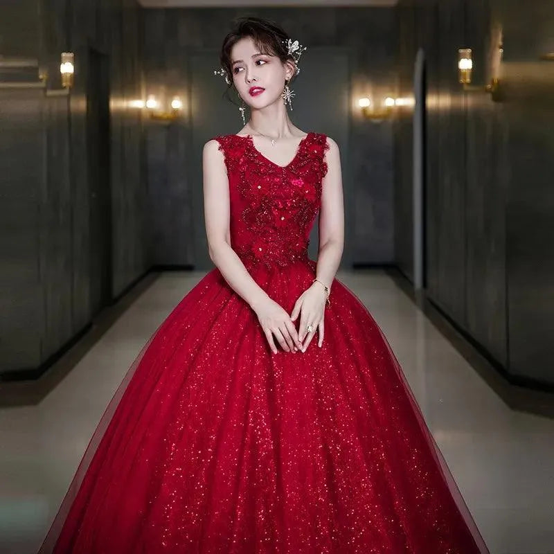 Quince Dress | Wine Red Shiny Quinceanera Dress Sleeveless Party Dress Elegant V-neck Ball Gown Vintage Prom Gowns Robe De Bal Customized