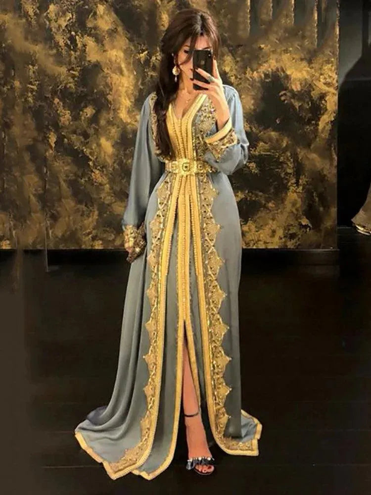 Silver Moroccan caftan Evening Dresses V Neck Crystal Algeria Arabic Special Occasion Dresses Lace Muslim Party Gowns As Picture