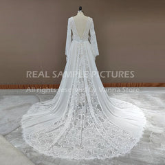 Customized Hippie Boho Beach Elopement Backless Wedding Dress Chiffon Long Sleeves Big Size Photoshoot V Neck Lace Bridal Gown