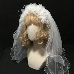 Bride Multi Layer Wedding Veil Headband White Flower Pearl Beading Hair Hoop