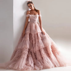 Dusty Pink Long Prom Dresses Sweetheart Crumpled Tulle Ruffles Evening Dresses Off Shoulder Tiered A-Line Party Dress