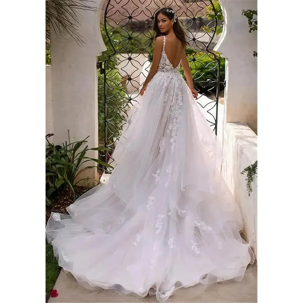 Long Boho A-Line Backless Wedding Dress 3D Flowers Spaghetti Straps Bride Dresses Princess Floor Length Wedding Gowns 50cm Boho