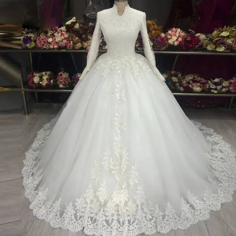 Vestido De Noiva Plus SIze High Neck Lace Applique Ball Gown Wedding Gowns Long Sleeve Muslim Wedding Dresses for Women