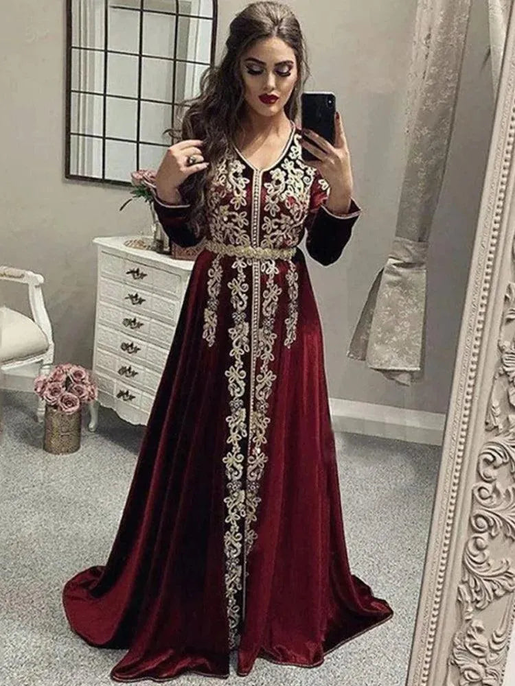 Lace Burgundy Moroccan caftan Evening Dresses V Neck Crystal Algeria Arabic Muslim Special Occasion Dresses Party Gowns Burgundy