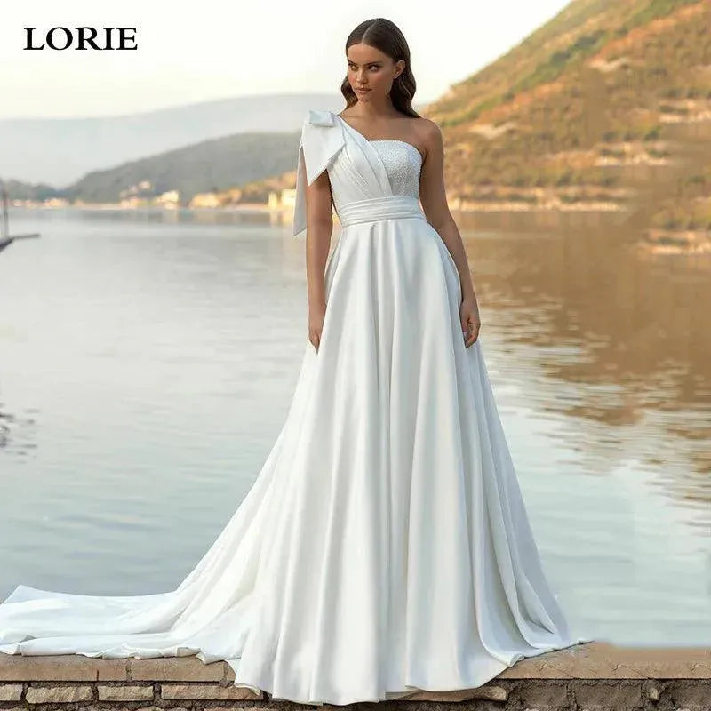 Princess Wedding Dresses Satin Boho Bridal Gowns One Shoulder Elegant Wedding Party Dress White Satin