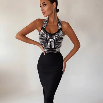 Top Quality High Street White Black Sexy Off Shoulder Sleeveless Beading Shining Knee Length Bandage Dress 2021 Celebrity Party