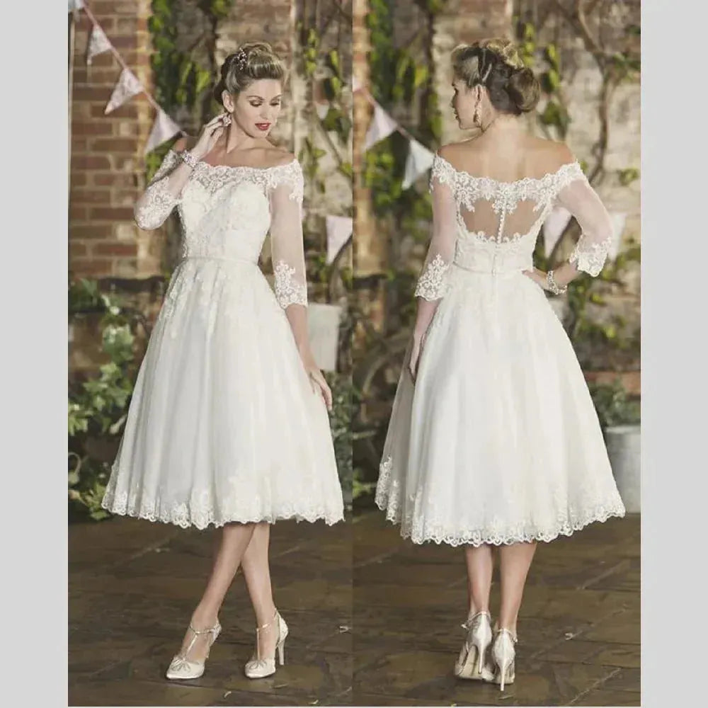Off-shoulder Short Wedding Dress Elegant Tea-Length Half Sleeve Lace Appliques Boat-Neck Bridal Gown Vestidos De Novia White Short Wedding Dress