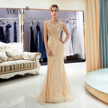 Gold Evening Dresses Long Mermaid Dubai Luxury Beaded Pearls Crystal Sexy Sheer Illusion Formal Occasion Gown Abendkleider