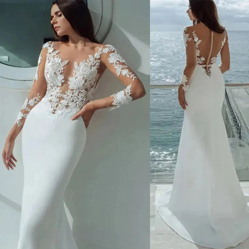 Long Sleeves Mermaid Wedding Dresses White Sexy Illusion Neck Lace Appliques Elegant Bridal Dress Gowns Beach Vestidos De Noiva Ivory