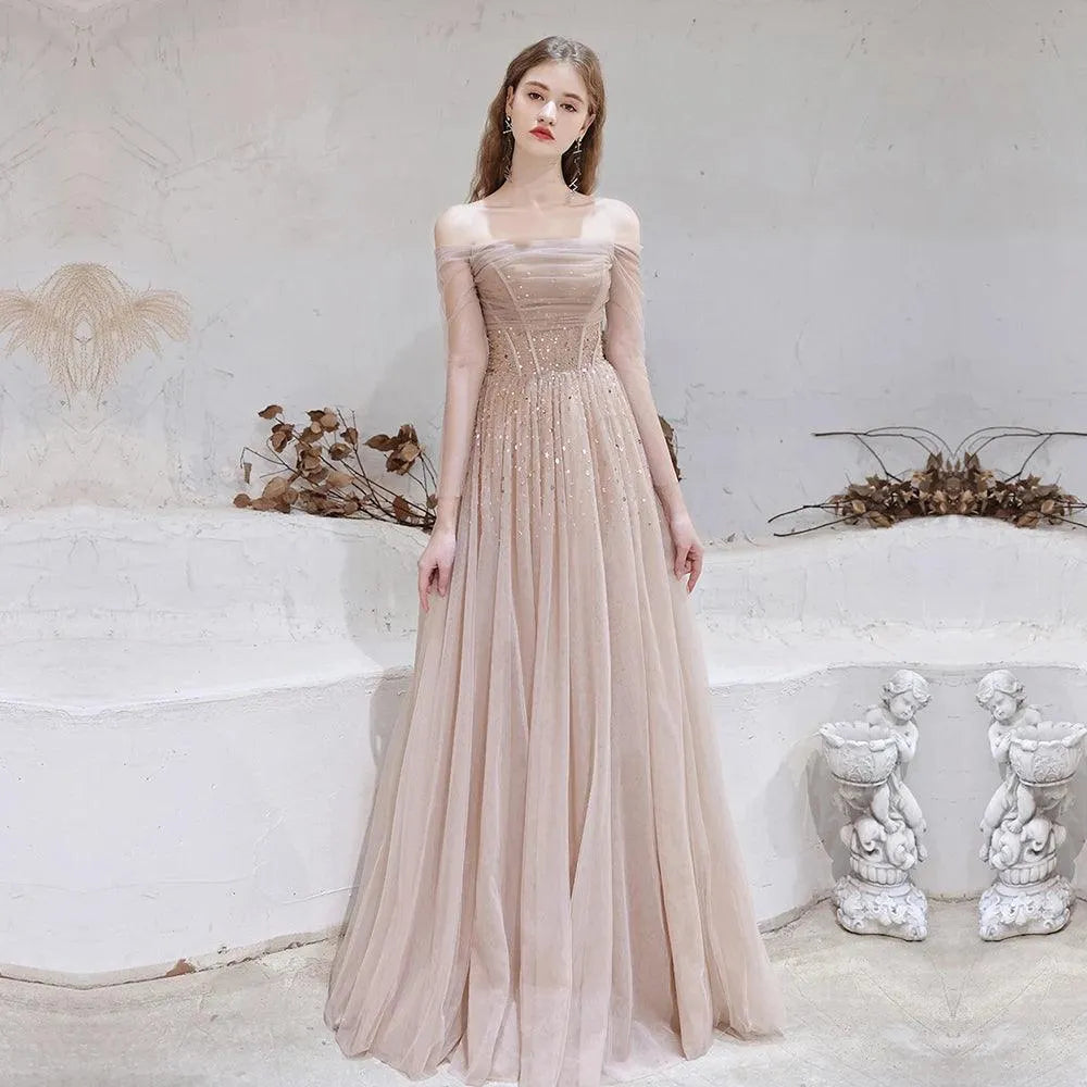 Customized Gorgeous Evening Dresses Nude Pink Sexy Off Shoulder Beaded Beading Sequined Long Sleeve Formal Gown As Picture
