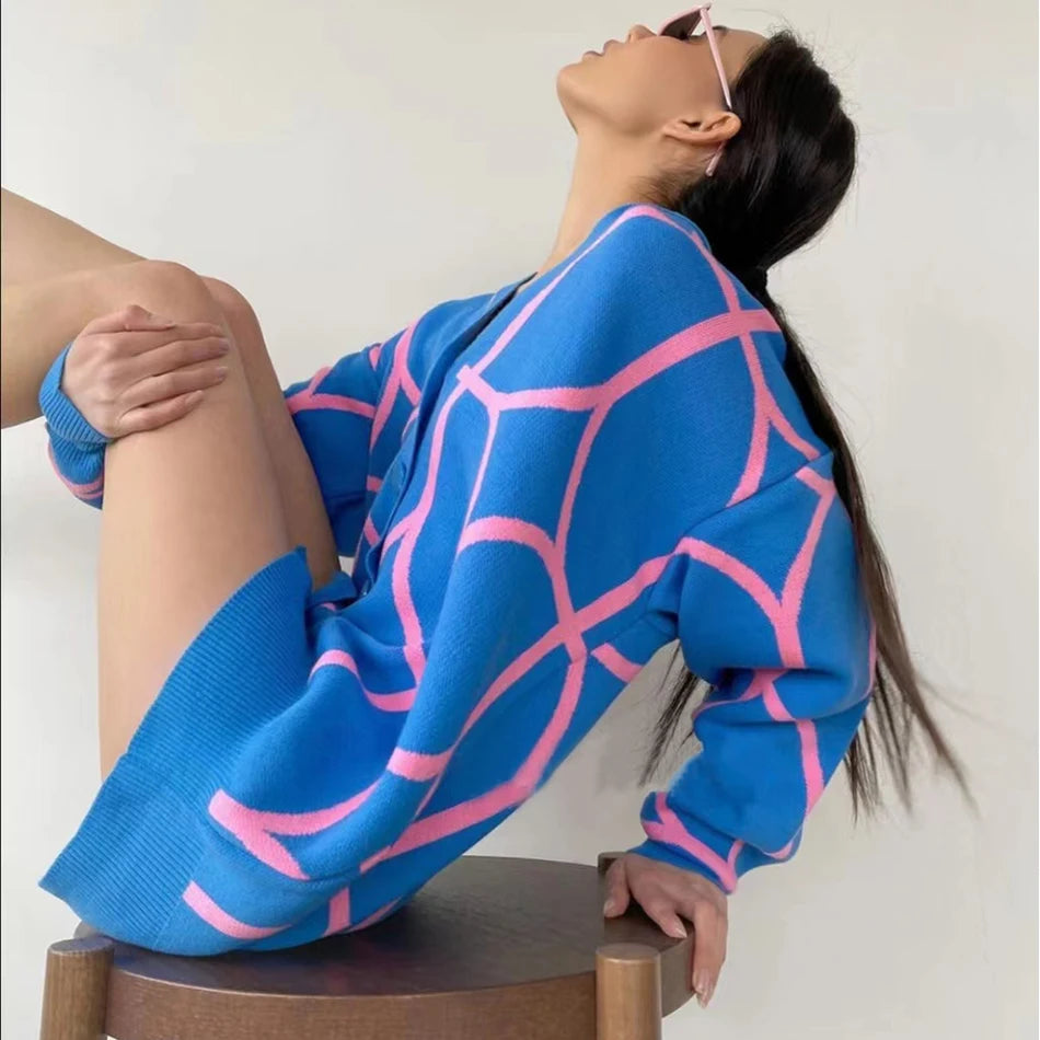 Women's Casual Oversized Cardigan Knitted 2023 Fall New V-neck Lantern Long Sleeve Single-breasted Printed Knit